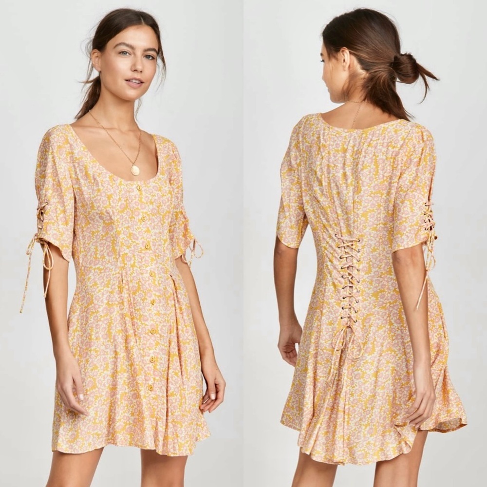 Free People Floral Laced Up Mini Dress Sz M Femme Combo Button Front Boho NEW